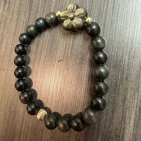 100% Natural Black onyx obsidian and 14k gold filled bead bracelet in 8mm - Picture 3 of 8